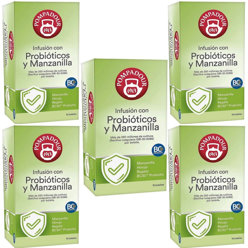 Infusión con Probióticos y Manzanilla de Pompadour 5 cajas de 15 bolsitas