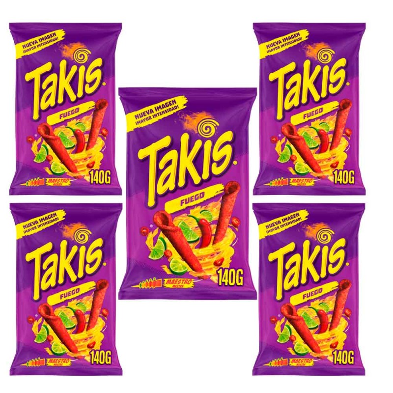 5 bolsas de Takis FUEGO Snaks Picantes 140gr