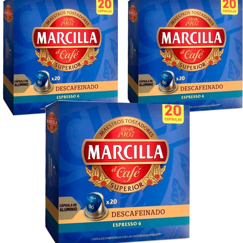 3 cajas de Descafeinado Marcilla , 20 cápsulas de aluminio compatibles con Nespresso