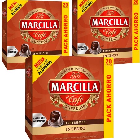 3 cajas Intenso Marcilla, 20 cápsulas de aluminio compatibles con Nespresso